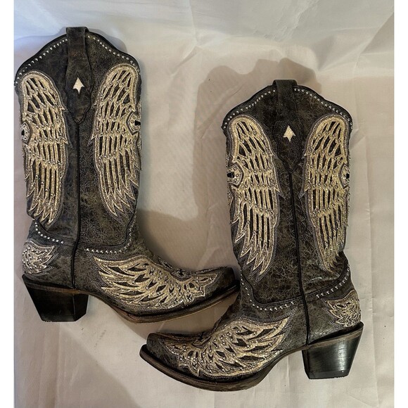 CORRAL Black Cross Angel Wings Overlay & Studs Western Boots A4232 Sz 8.5 - Picture 2 of 16